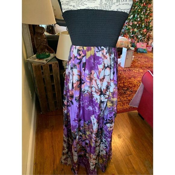 MM Couture By Miss Me Floral 100% Silk Strapless A Line Maxi Dress Women S - Picture 8 of 8